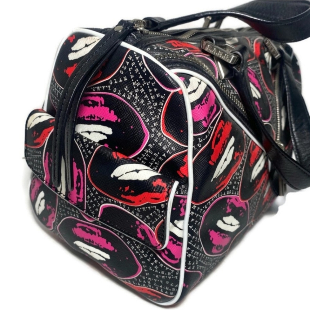 L.A.M.B. Worthington Satchel - Kiss 4 Me Print Black and Pink Women's Bag - Picture 7 of 11